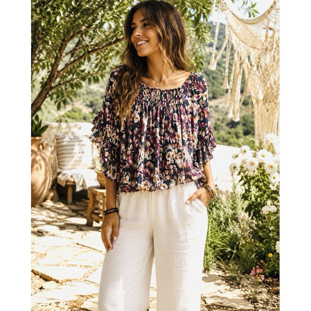 Studio B by Bobeau M Peasant Blouse Boho Floral Smocked Ruffle Sleeve FF19